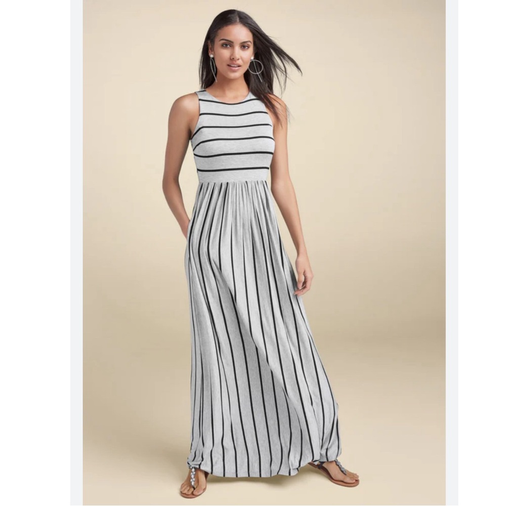 Venus Gray/Black Striped Sleeveless High Neck Pockets Maxi Dress M Shortened